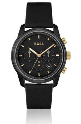Picture of BLACK-PLATED CHRONOGRAPH WATCH WITH TONAL LEATHER STRAP