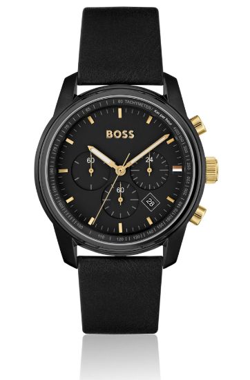Picture of BLACK-PLATED CHRONOGRAPH WATCH WITH TONAL LEATHER STRAP